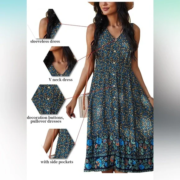 Bohemian floral dress with faux button front. Size medium. - Picture 3 of 6